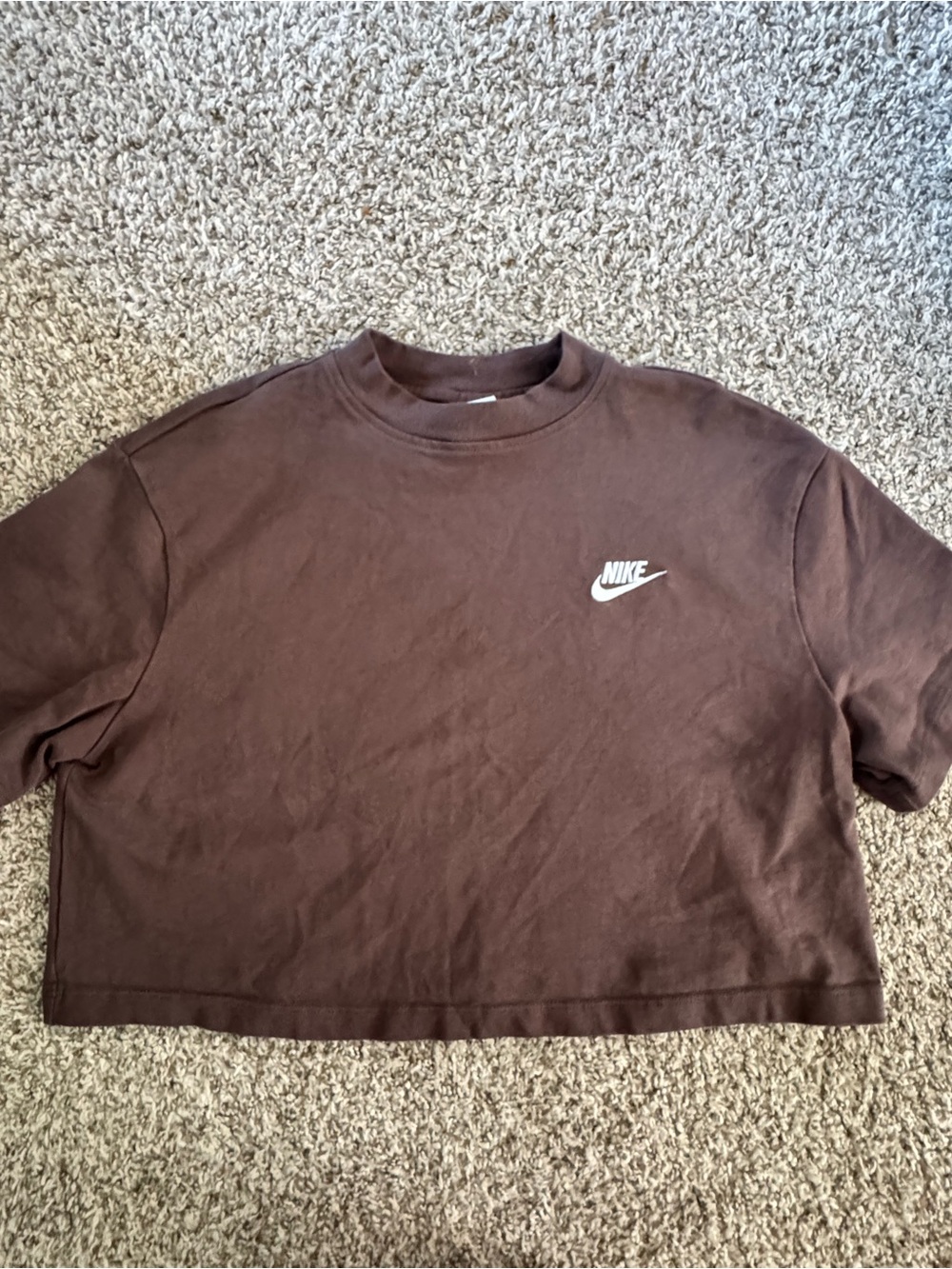 Nike Women's Brown Cropped Crew Tee with White Swoosh